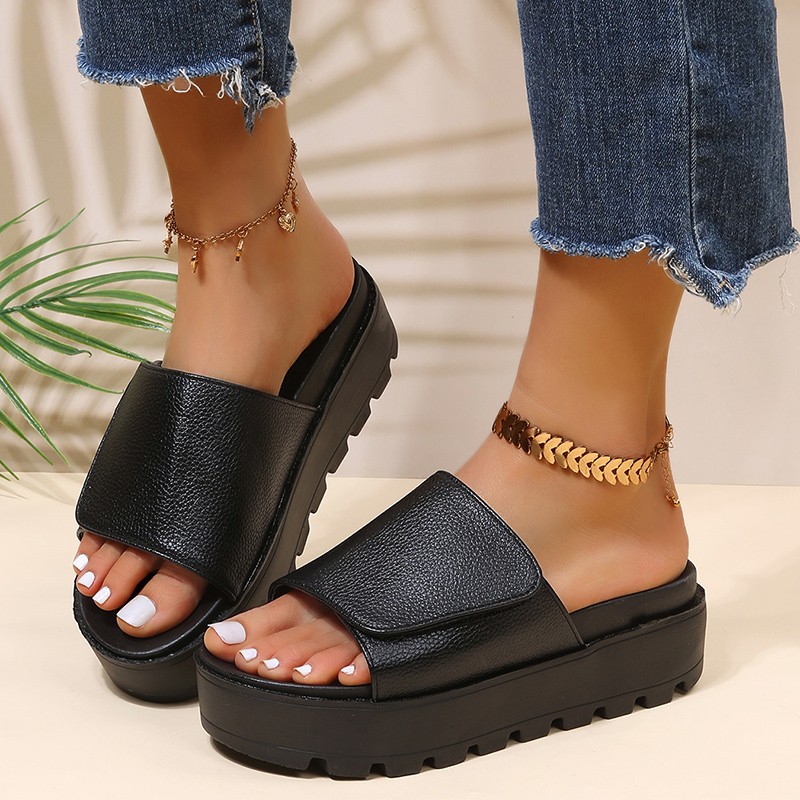 Rimocy Black PU Leather Platform Slippers Women Plus Size 43 Thick Soled Sandals Woman 2022 Summer Non-slip Slides Female Shoes