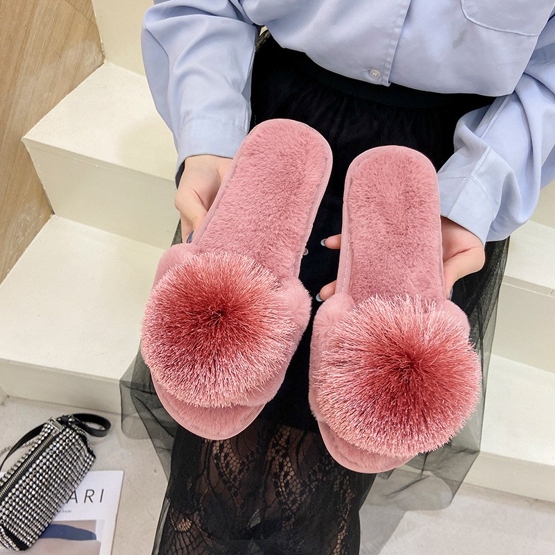 Women Fluffy Slippers 2021 Women's Fur Ball Flip Flops Non-slip Indoor Plush Floor Flat Slippers Open Toe Casual Cotton Slippers