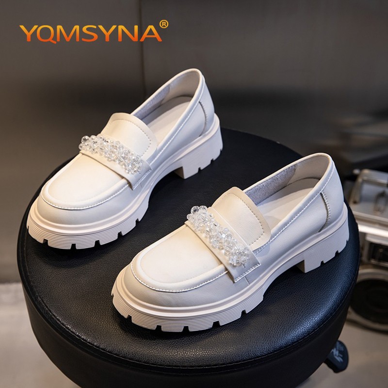 YQMSYNA Loafers Women Luxury Comfortable Thick Bottom Square Heel Round Toe Lady Shoes Fashion Appliques Party Pumps W02