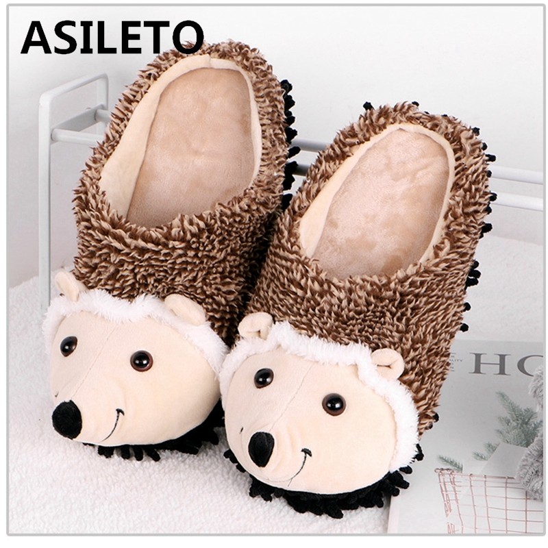 ASILETO-Winter Warm Slippers for Men and Women, Unisex Slippers, Round Toe, Cute Hedgehog, Large Size 35-43, Brown, Indoor Home F999