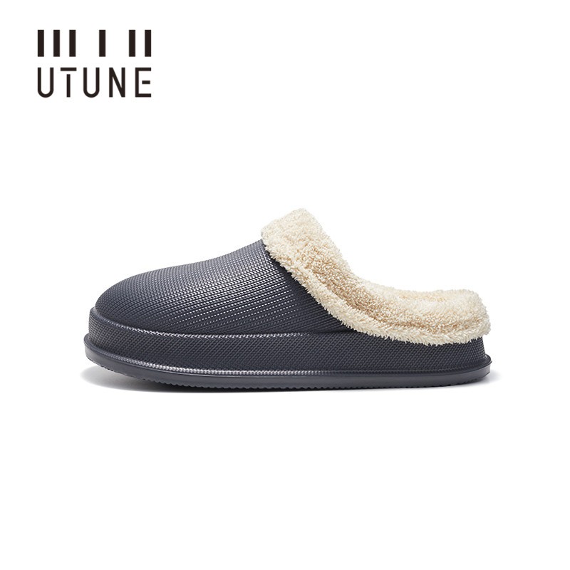 UTUNE Winter Slippers Men Shell Mules Waterproof EVA Indoor Plush Warm Shoes Women Anti-slip Garden Home Slippers Thick Solid