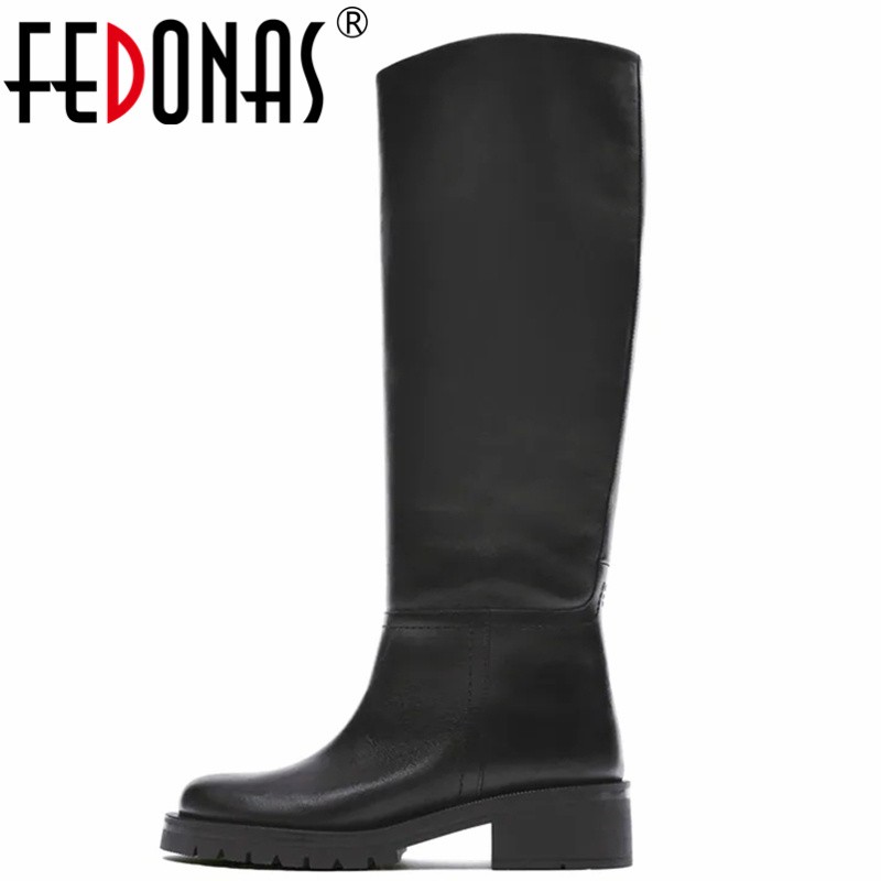 FEDONAS 2022 Za Ins Hot Women Full Cow Leather Knee High Heel Boots Motorcycle Warm Boots Punk Long Boots Woman Big Size Boots