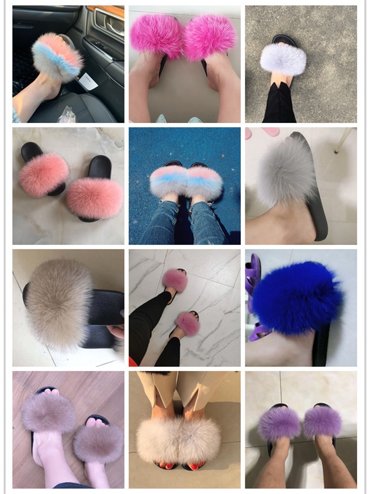 Women Fox Shoes Fur Slippers Real Fox Fur Slides Home Furry Flat Sandals Female Cute Wholesale House Shoes Woman Luxury Brand Ho