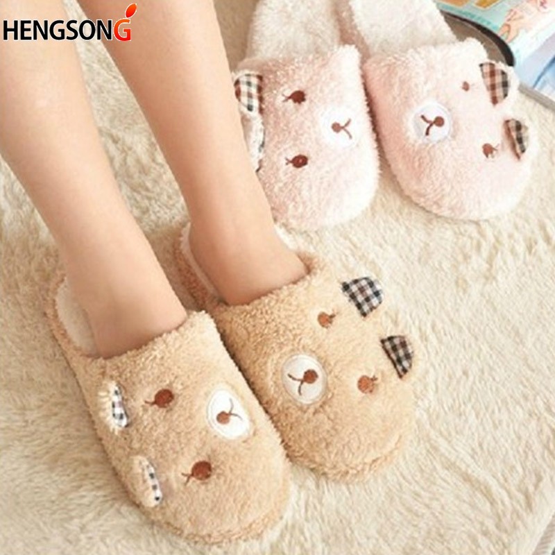 Women Plush Short Winter Slippers Cotton Bear Flat Shoes Home Bedroom Home Soft Velvet