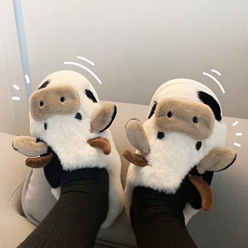 Women Winter Cute Animal Slippers Fashion Kawaii Fluffy Winter Warm Slippers Female Cartoon Milk Cow Indoor Slippers Funny Shoes