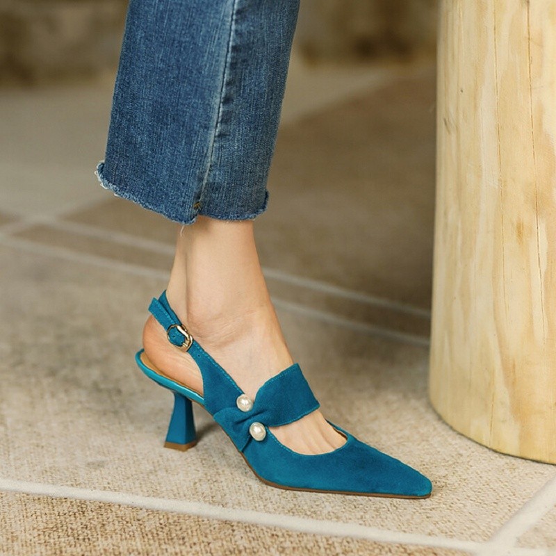 2022 Summer Women Shoes Sheep Suede Shoes Women Covered Toe Thin Heel Sandals Solid Slingback Women Shoes For Women Pearl Sandal