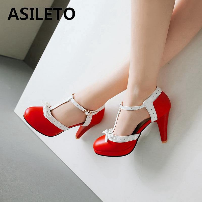 ASILETO Plus Size 32-44 High Heel Shoes Round Toe Heel Pumps Women's Platform Pumps With Bow Party Wedding Shoes T Strap 972