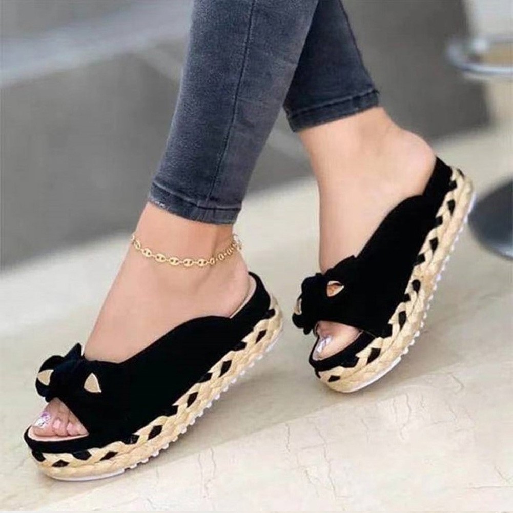 Women Bowknot Slippers Braided Straps Outdoor Sandals Thick Bottom Casual Open Toe Flat Shoes Female Straw Woven Soft Slippers