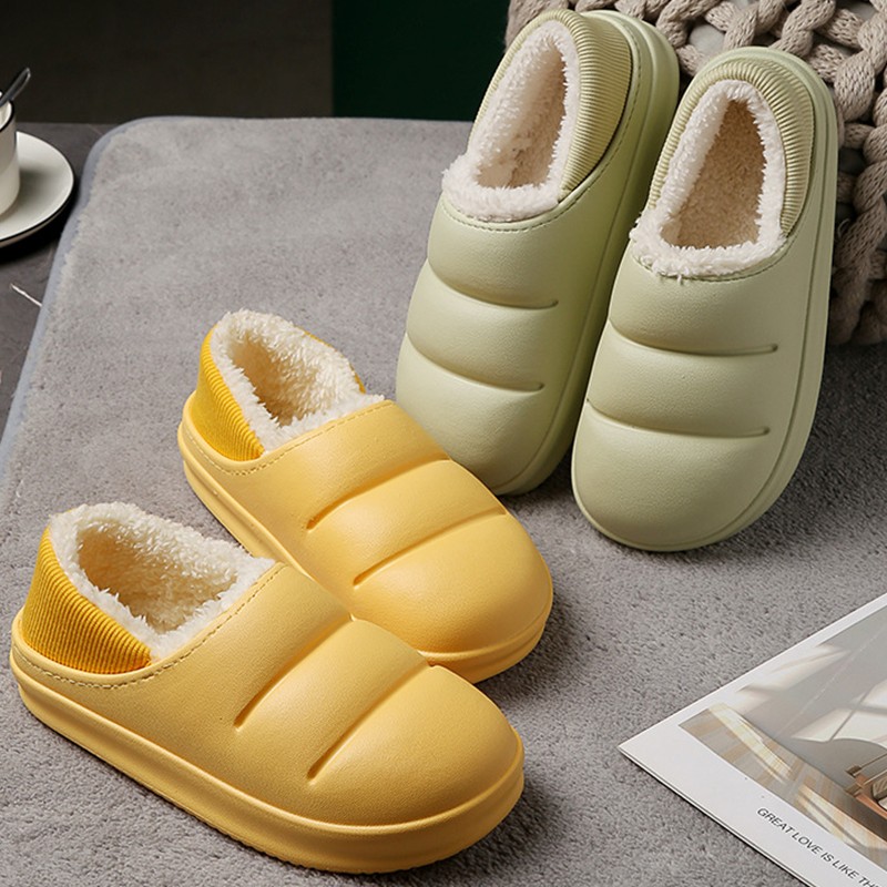 Winter Women Fur Slippers Waterproof Warm Plush Household Slides Indoor Home Thick Sole Shoes Non-slip Solid Couple Sandals