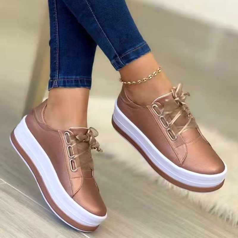 Rimocy Shiny PU Leather Thick Bottom Sneakers Woman Plus Size 43 Lace Up Platform Shoes Women Gold Silver Flats Zapatos De Mujer