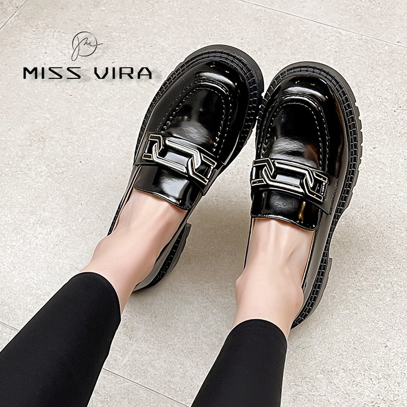 Miss Vera Platform Loafers Women Real Cow Leather Black Chunky Shoes Spring Round Toe Metal Decor Ladies Flats