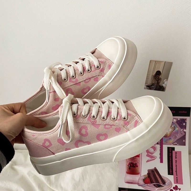 Fashion 2022 Pink Heart Print Canvas Sneakers Spring Zapatillas Mujer Students Daily Shoes Woman Vulcanize Shoes