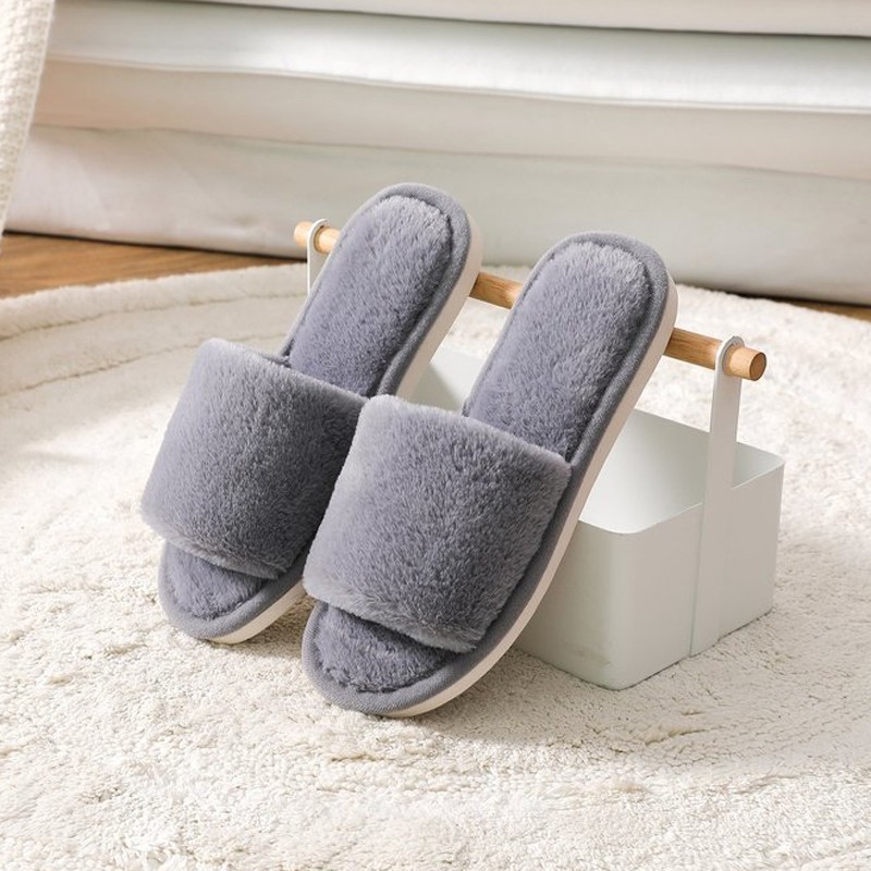 2021 Fashion Soft Fur Slippers Slides Home Indoor Floor Shoes Solid Volvi Slippers for Bedroom Open Toe Comfortable Shoes Women Gray