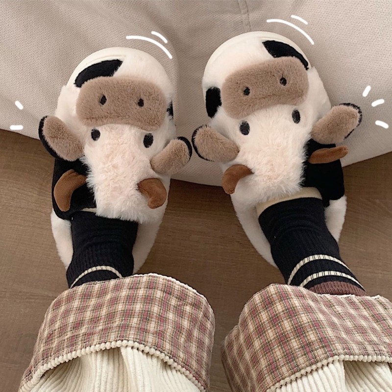 Women Cute Animal Slippers Girls Fashion Kawaii Fluffy Winter Warm Slippers Cartoon Milk Cow House Funny Slippers Chaussure Femme