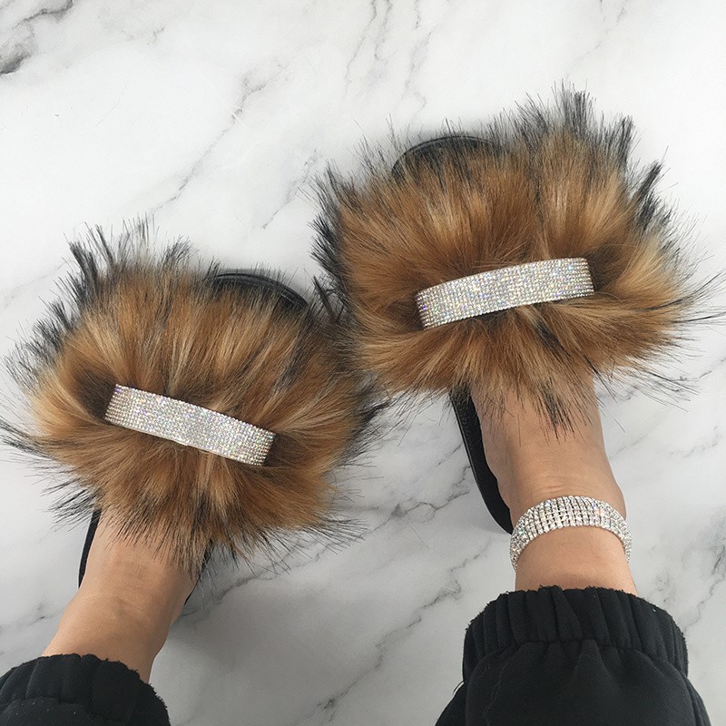 Home Slippers Women Thin Slippers Luxury Summer Faux Fur Slippers Furry Slides Shoes For Women With Rhinestones Slipper 2022