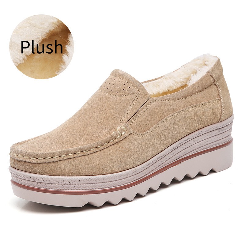 5.5cm high heels thick platform women shoes casual solid genuine leather with plush autumn winter outdoor ladies walking shoes