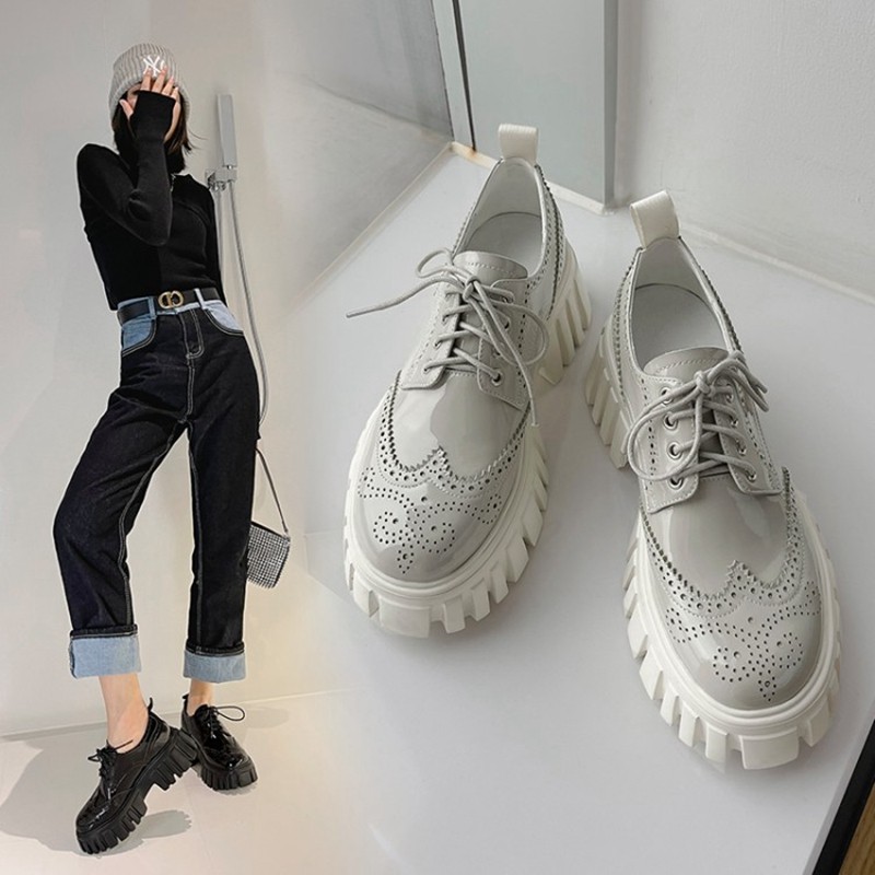 Spring/Autumn Women Shoes Round Toe Lace-Up Genuine Leather Flats Ladies Shoes 6cm Platform Casual Shoes For Woman Brogue