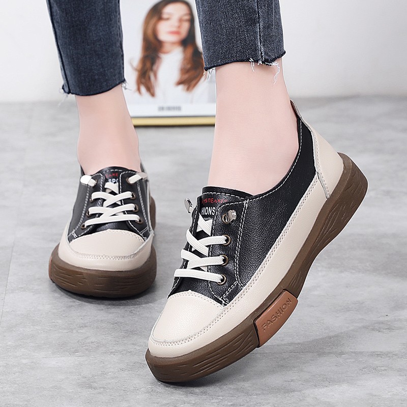 Sneakers Women Natural Genuine Leather Flat Casual Shoes Female Ballet Flats Lace Up White Soft Sole Sneakers Ladies Flats