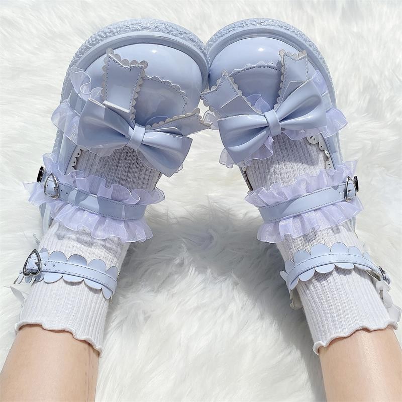 Girls Beautiful Mary Janes Lace Patchwork Buckle Fashion Women's Shoes Japanese Style Lolita Shoes Cute Bow Zapatillas Mujer