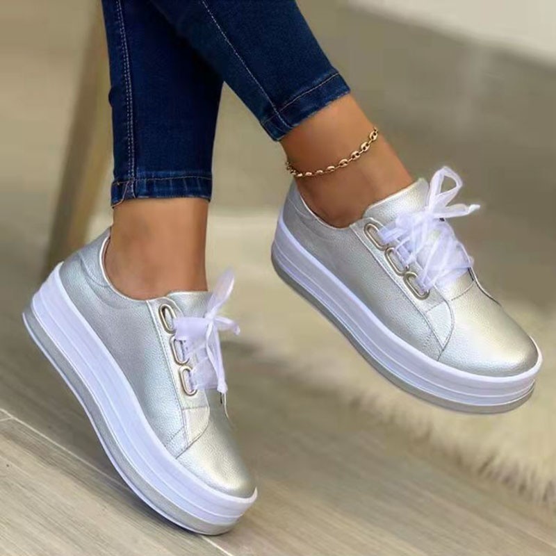 Rimocy Plus Size Thick Bottom Sneakers Casual Woman Lace Up Platform Shoes Women Gold Silver Round Toe Flat Shoes Ladies 43