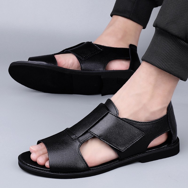 Summer Men's Genuine Leather Sandals New Design Fashion Casual Black Slip On Leather Sandals Man Sandals Men Flats