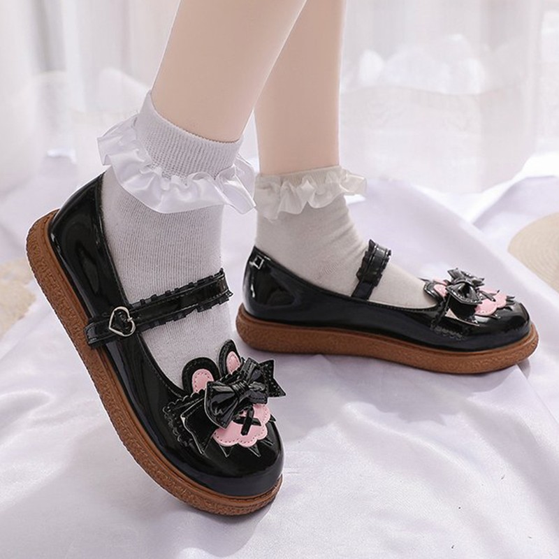 Rimocy Sweet Bowtie Mary Jane Shoes For Women Patchwork Lace Ankle Strap Flats Woman Patent Leather Lovely Lolita Platform Shoes