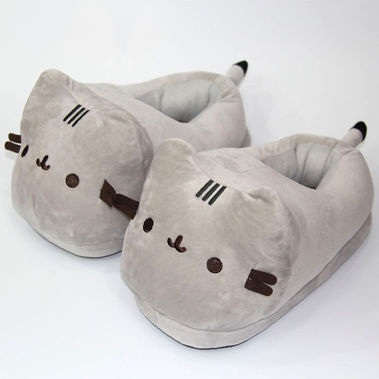 Cartoon full covered cat slippers slides winter warm soft plush doll indoor cute anime bedroom shoes for man woman home use