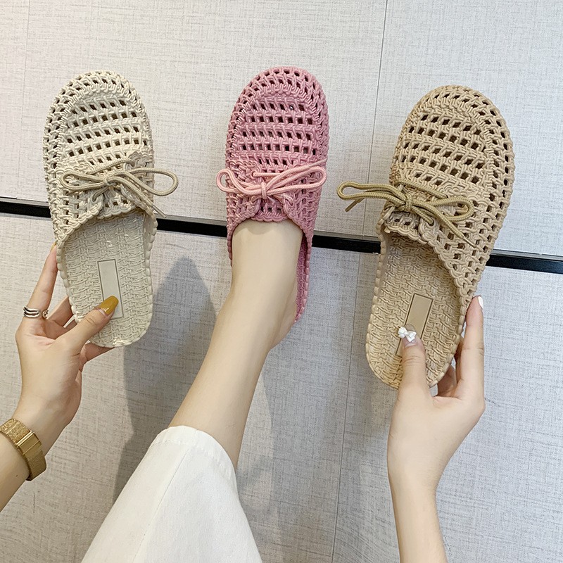 New hollow out baotou half pull women's casual wear lace up hole shoes, breathable indoor soft-soled slippers home slippers women