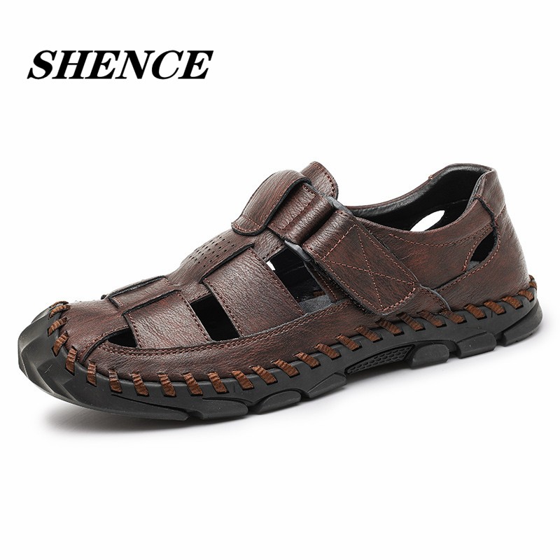 SHENCE Men's Fashion Sandals Plus Size Soft Cowhide Summer Fashion Casual Trend Breathable Non-slip Rubber Men Walking Shoes