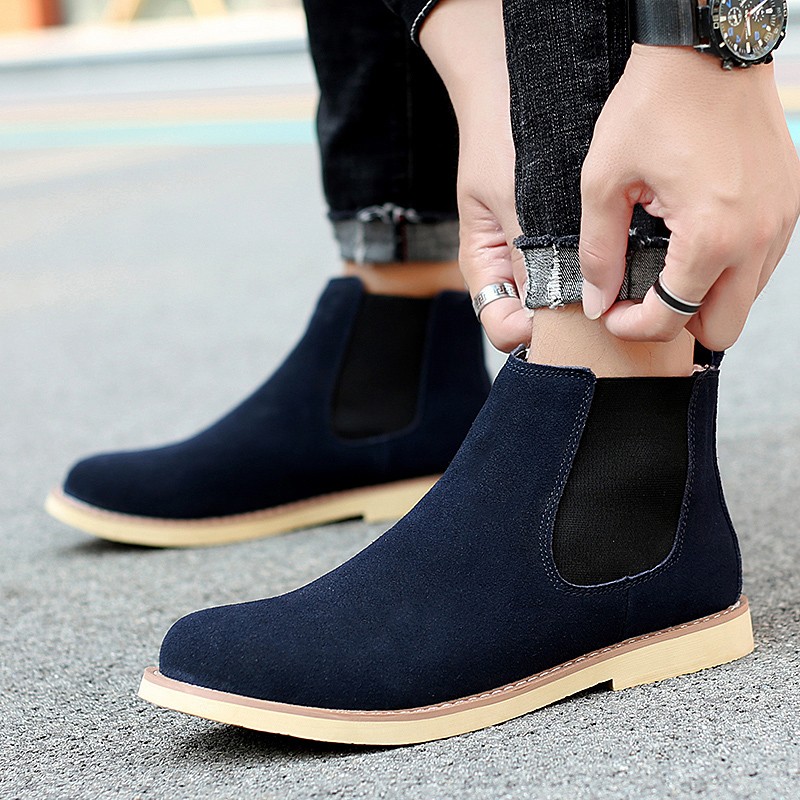 Chelsea Mens Boots 2021 Winter Fur Warm Ankle Blue Slip On Boots High Quality Genuine Leather Man Leisure Boots Male Botas