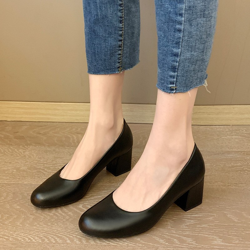 New Soft Leather Pumps Women Basic Spring Square High Heel Office Career Comfortable Shoes Plus Size 43 44 45 For Lady S0001