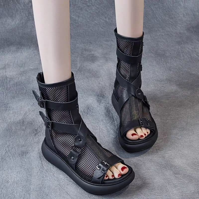 2021 spring new Korean women's shoes thick-soled sandals shoes high-top gauze British sandals