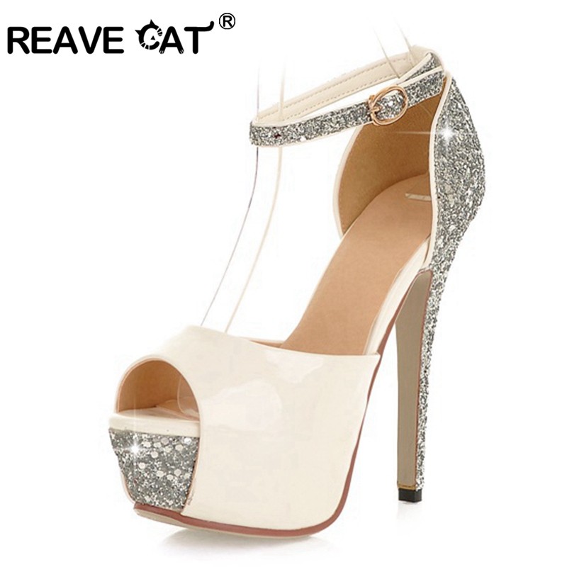 REAVE CAT-Women's High Heel Wedding Shoes, 13cm Stiletto Heeled Platform Buckle Shoes, Silver Color, Size 34-43