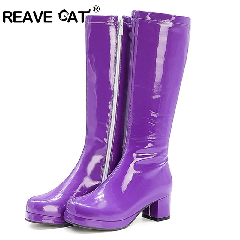 REAVE CAT-أحذية الخريف الحلو بطول الركبة ، كعب دائري ومقدمة مربعة ، سحاب ، مقاس كبير 33-46 ، أصفر ، أخضر ، بنفسجي ، برتقالي