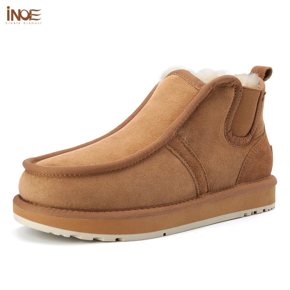 INOE Real Sheepskin Suede Men Sheep Wool Fur Lined Winter Short Ankle Snow Boots With Zipper Keep Warm Waterproof Boots