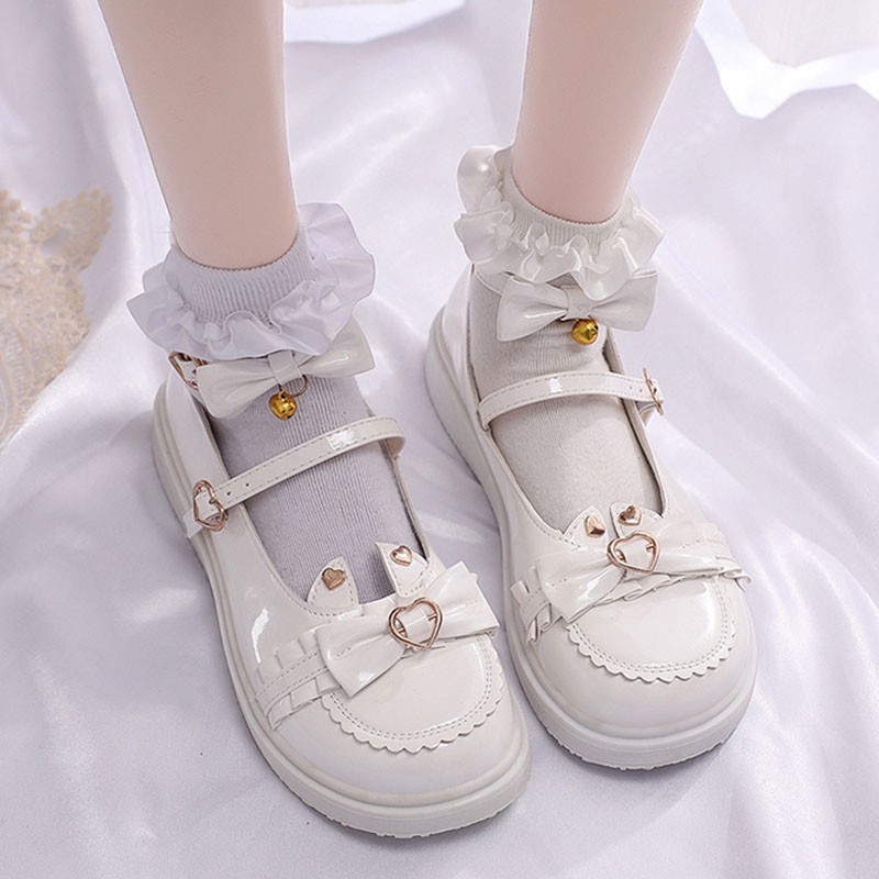 Rimocy Lovely Heart Buckle Lolita Shoes Women Ankle Strap Sweet Lace-up Woman PU Leather Comfot Soft Sole Mary Jane Shoes