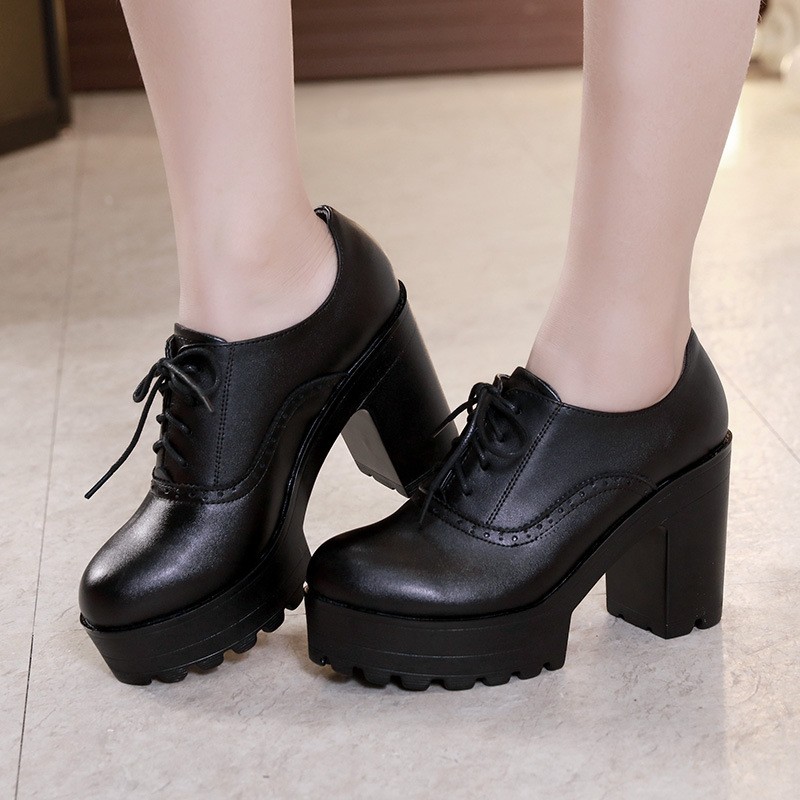 High Heel Shoes Show Women Single Shoes Thick Heel Plush Lace Up Thick Soled Leather Shoes Women's Shoes Zapatos De Mujer