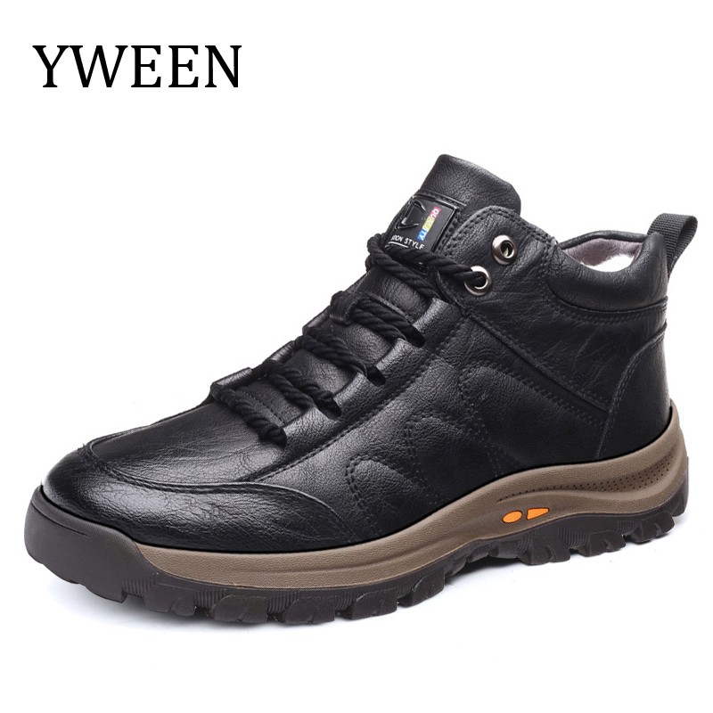 Ytween men leather boots wool fur thick composite sole winter shoes men cowhide designer outdoor ankle boots for man