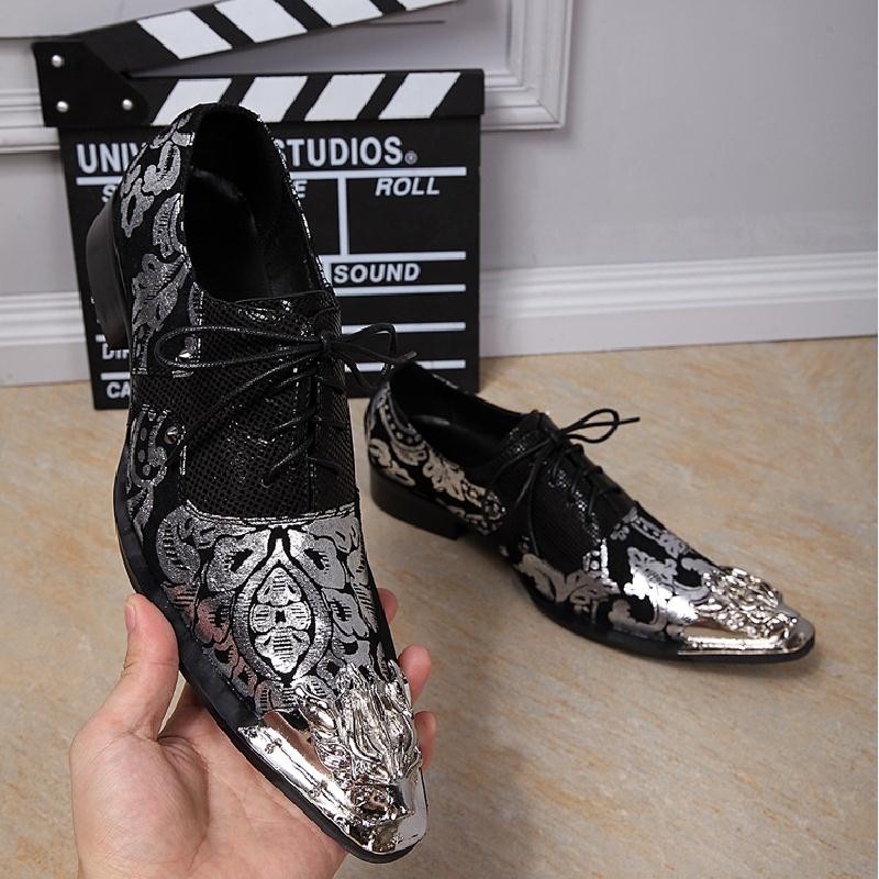 Trendy Silver Black Printing Leather Wedding Shoes Men Business Leisure Party Dress Shoes Men Metal Luxury Pointed Toe Shoes