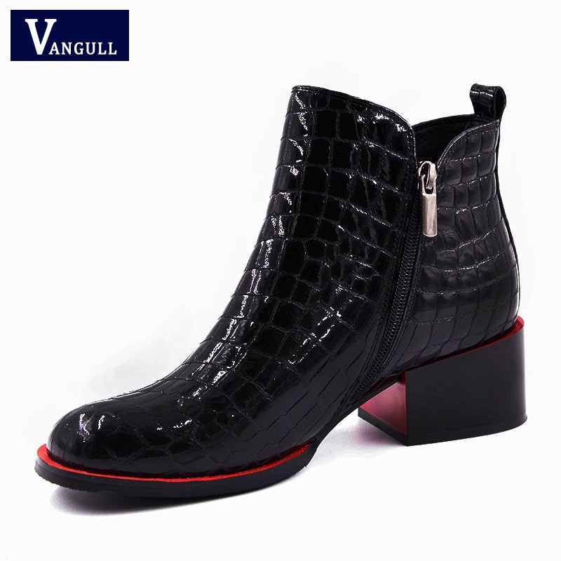 Vangull Women Shoes 2018 New Fashion Shoes Woman Black Genuine Leather Ankle Boots Winter Warm Fleece Snow Square Heel Boots