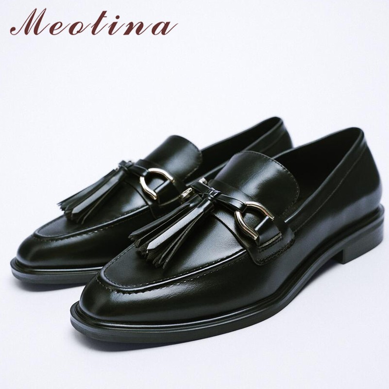 Meotina INS ZA Women Loafers Genuine Leather Flat Shoes Metal Decoration Tassel Round Toe Lady Shoes Spring Autumn Black 43