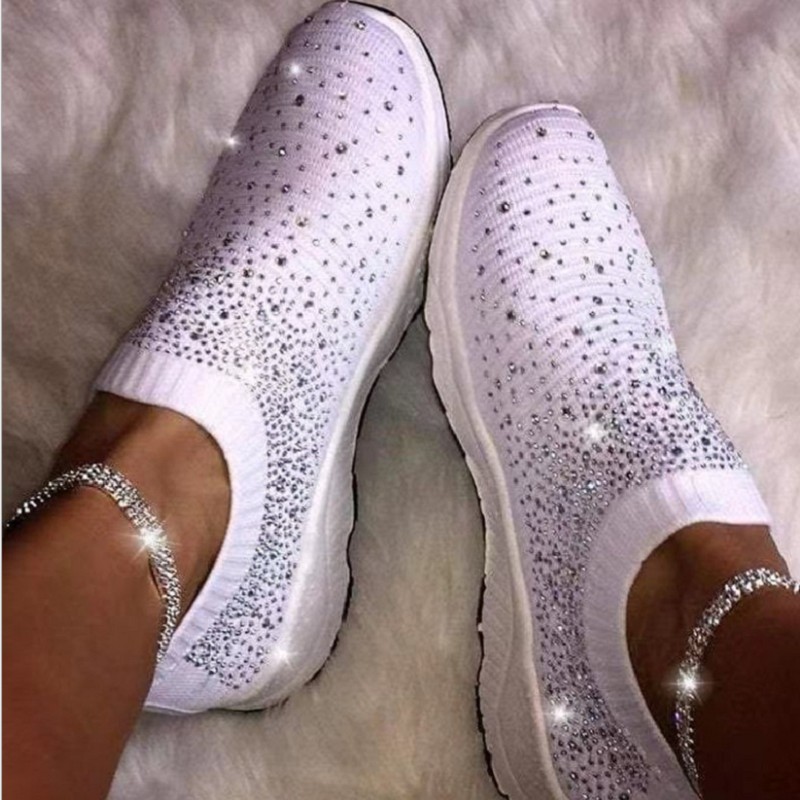 Running Flat Women's Shoes Breathable Mesh Fashion Bling Hot Drill Ladies Trainers Outdoor Slip On Plus Size 35-43 Women Shoes
