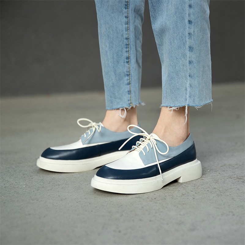 Meotina - Women's Genuine Leather Flat Shoes, Round Toe Casual Shoes, With Cross Laces, Spring 2021