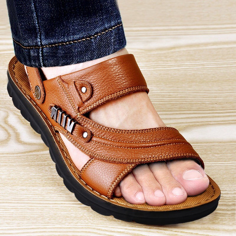 Men Beach Shoes Cow Sandals Quality Genuine Leather Non-slip Men Slippers Breathable Two Uses Men Sandals Men's Shoes