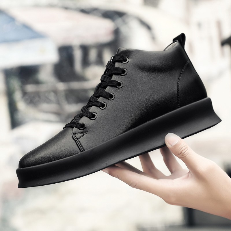 High Quality All Black Men's Leather Casual Shoes Increase Simple Pure Black Sneakers Fashion Breathable Sneakers Fashion Flats