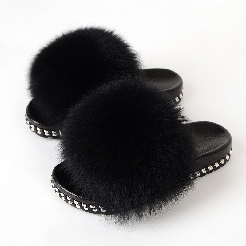 Fur Slippers Women Real Fox Fur Slides Fluffy Home Slippers Luxury Flip Flop with Fur Ladies Platform Sandals Summer Shoes Women