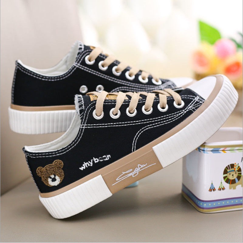 cute bear embroidered canvas shoes women summer korean fashion students all-match formal shoes casual flat vulcanized shoes