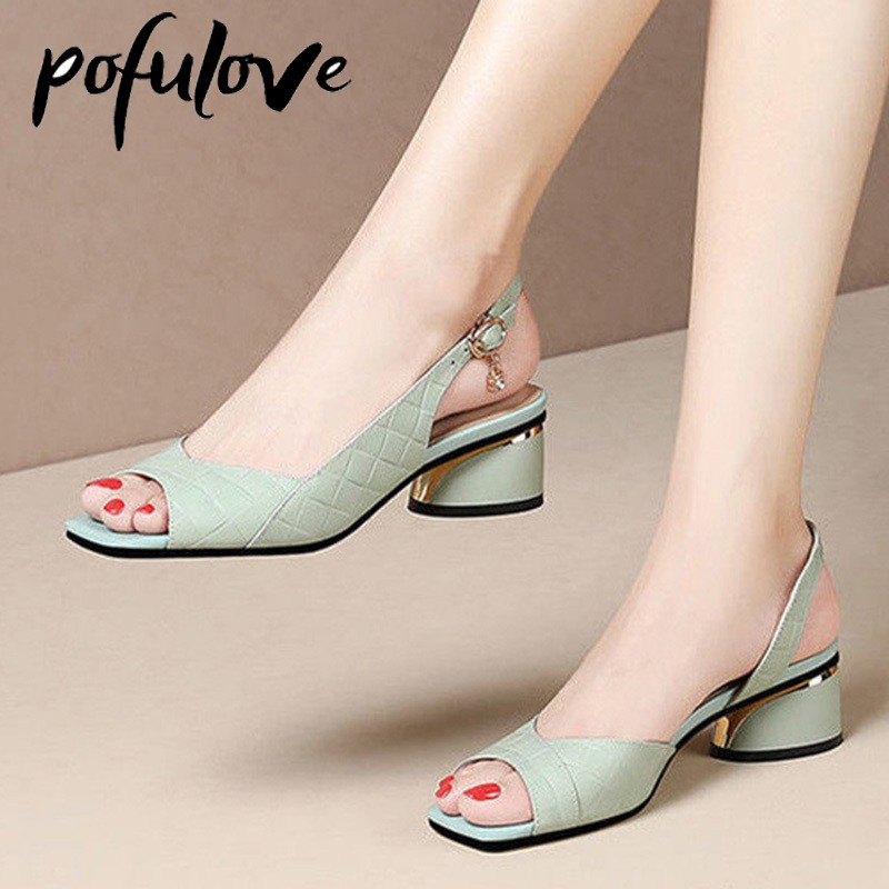 New Summer Women's Sandals Open Toe Pumps Back Strap Med Heels Shoes Peep Toe Ladies Shoes Classic Dress Sandalias Mujer Pumps