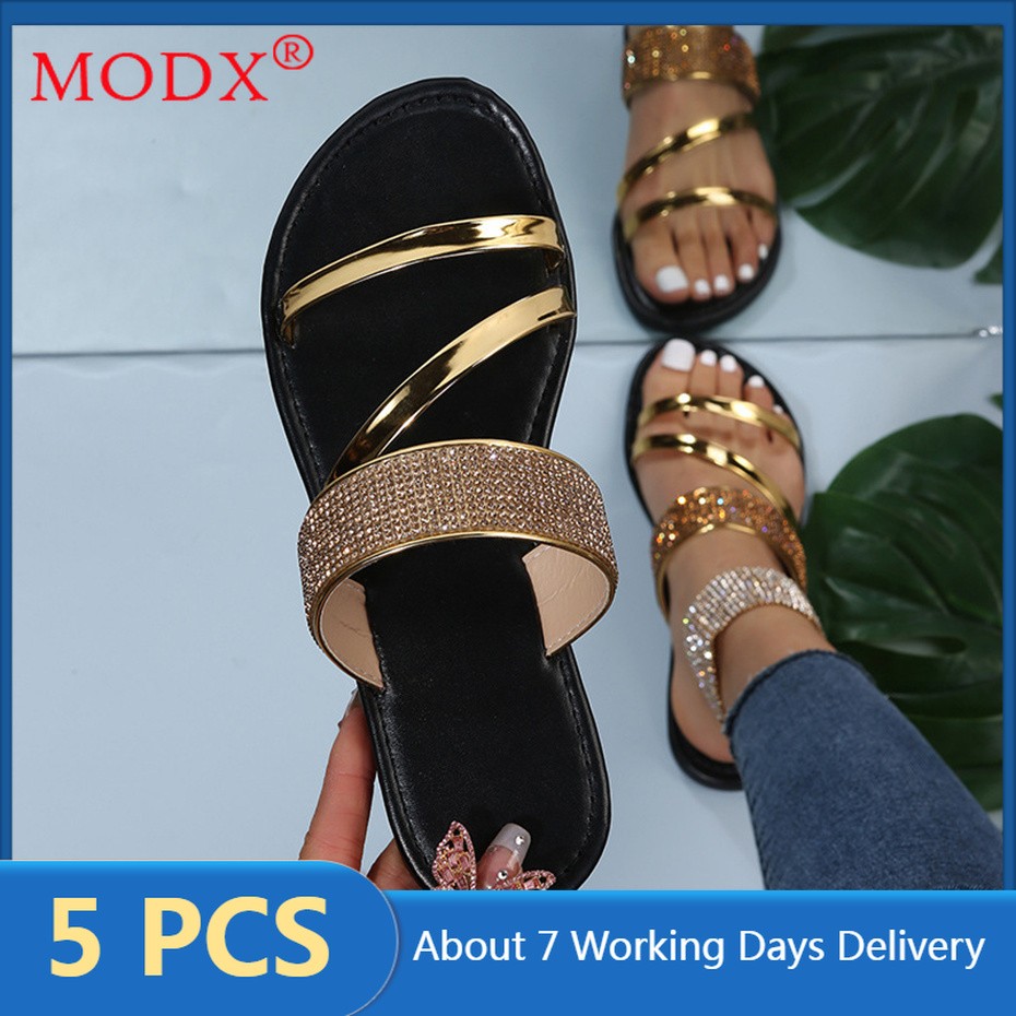 bulk items wholesale lots 2022 summer women fashion slippers outdoor flat shoes shining rhinestone beach vacation sandals M8887