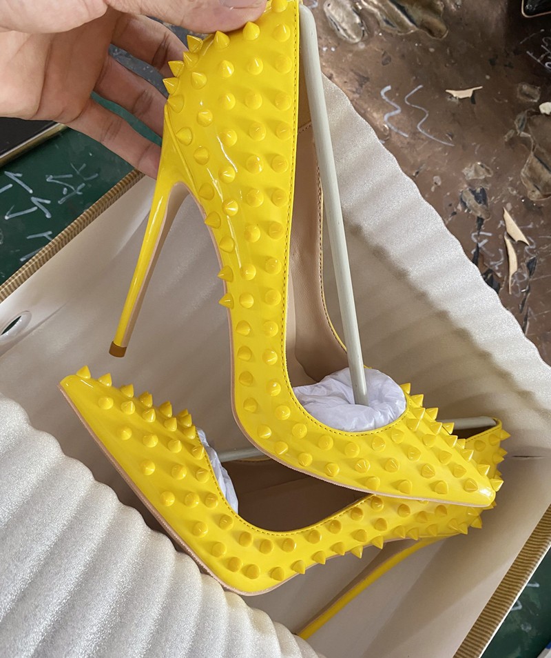 Yellow Color Rivets Women Pointed Toe Stiletto High Heels Size 33-45 Punk Rivets Slip On Sex Pumps